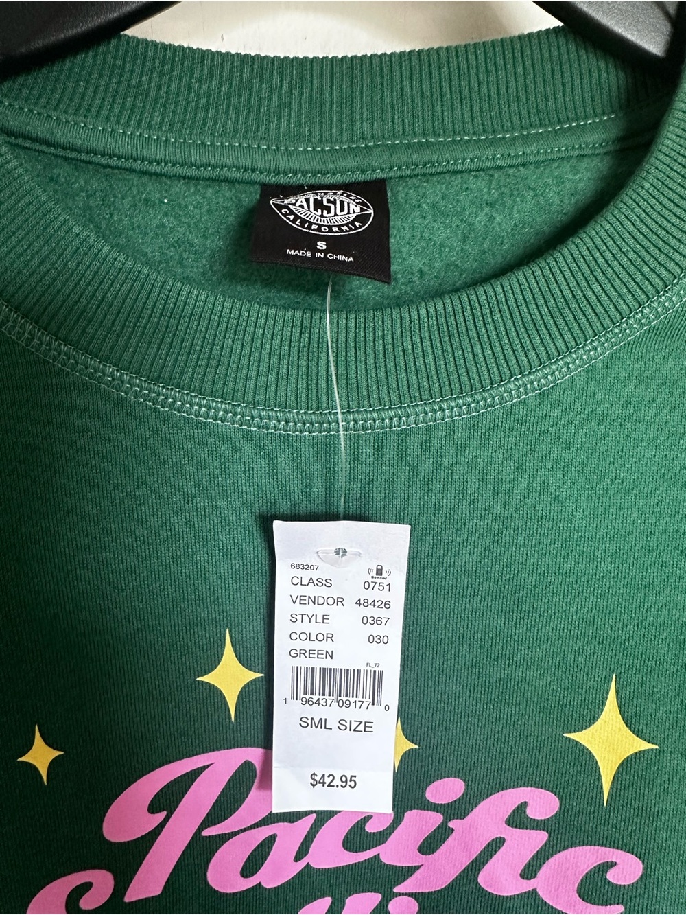 NWT PacSun Green Crewneck Sweatshirt with Pink Logo & Gold Stars - Picture 4 of 6